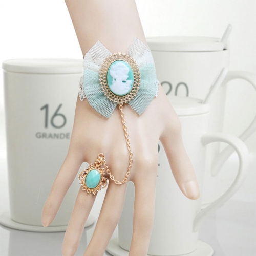 Retro White Wristband Light Blue Embossment Embellished Bracelet with Ring J18084