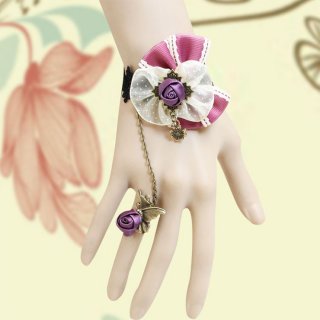 Vintage Black Wristband Purple Rose Bowknot Embellished Bracelet with Ring J18083