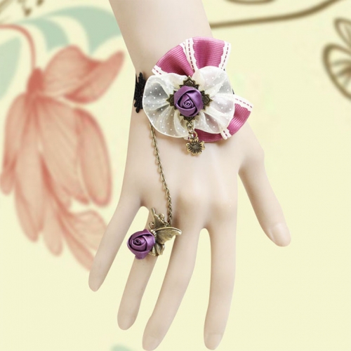Vintage Black Wristband Purple Rose Bowknot Embellished Bracelet with Ring J18083