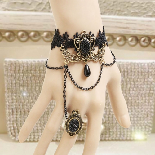 Gothic Black Wristband Gem Bronze Embellished Bracelet with Ring J18077
