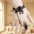 Gothic Black Wristband Rose Embellished Bracelet with Ring J18076