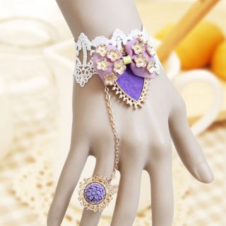Vintage White Wristband Purple Bowknot Embellished Bracelet with Ring J18073