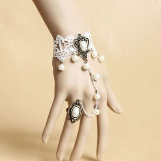 Vintage White Wristband Olivet Embellished Bracelet with Ring J18070