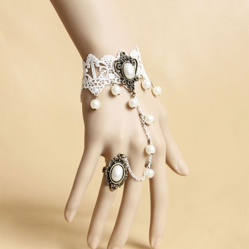 Vintage White Wristband Olivet Embellished Bracelet with Ring J18070