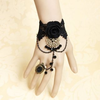 Victorian Gothic Black Floral Lace Wristband Rose Bracelet with Ring J18064