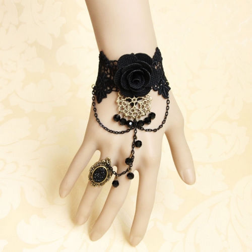 Victorian Gothic Black Floral Lace Wristband Rose Bracelet with Ring J18064