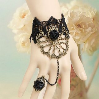 Gothic Black Wristband Rose Bronze Embellished Bracelet with Ring J18068