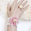 Vintage Wristband Pink Gauze Flower Olivet Embellished Bracelet with Ring J18059