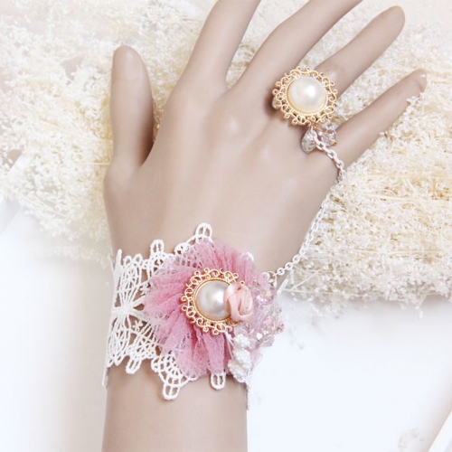Vintage Wristband Pink Gauze Flower Olivet Embellished Bracelet with Ring J18059
