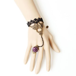Gothic Wristband Bronze Purple Rose Embellished Bracelet with Ring J18058