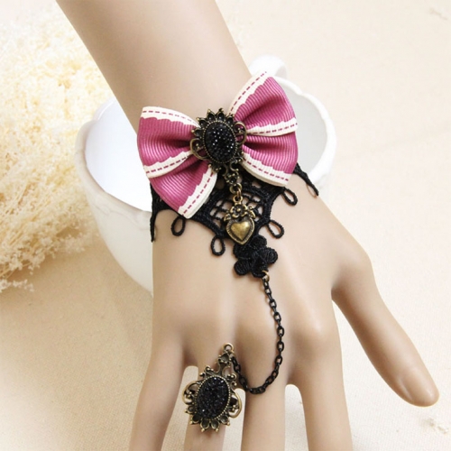 Vintage Wristband Black Lace Pink Bowknot Embellished Bracelet with Ring J18057