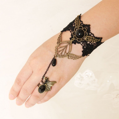 Gothic Wristband Black Gem Embellished Bracelet with Ring J18052