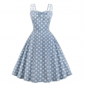Sexy Light Blue Vintage Strappy Polka Dot Printed Swing Summer Day Dress N18040