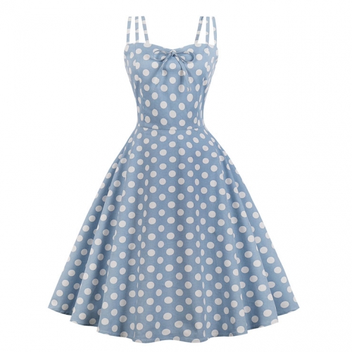 Sexy Light Blue Vintage Strappy Polka Dot Printed Swing Summer Day Dress N18040