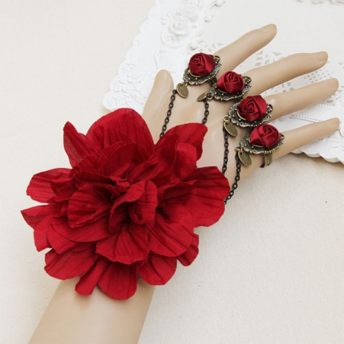 Victorian Gothic Lace Wristband Flower Bracelet with Red Rose Rings J18028 Victorian Gothic Lace Wristband Flower Bracelet with Red Rose Rings J18028