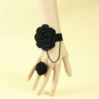 Gothic Black Velvet Wristband Rose Bracelet with Pompom Ring J18026