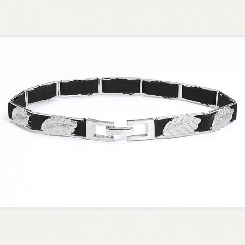 Fashion All-match Silver Alloy Leaf Elastic Thin Waist Belt N17939
