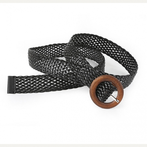 Women's Fashion All-match Black Braided Hollow Out O Buckle Waist Belt N17936