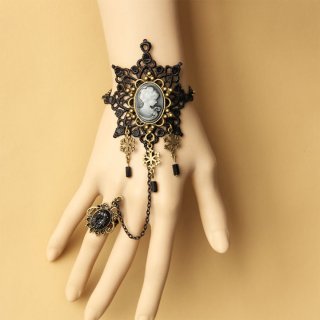 Victorian Gothic Black Lace Wristband Bronze Metal Snowflake Embellishment Bracelet with Ring J17929