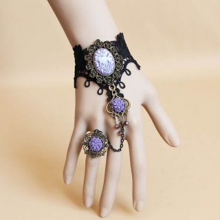 Fashion Black Gothic Lace Wristband Gem Bracelet with Ring J17877