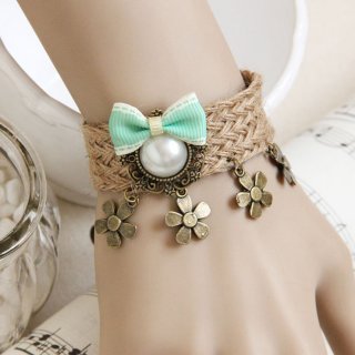 Vintage Braiding Wristband Bowknot Pearl Embellishment Bracelet J17895