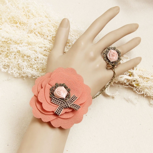 Vintage Braiding Wristband Elegant Flower Embellishment Bracelet with Ring J17889