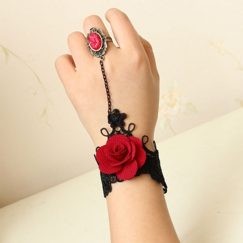 Victorian Gothic Black Floral Lace Wristband Red Rose Embellishment Bracelet with Ring J17888
