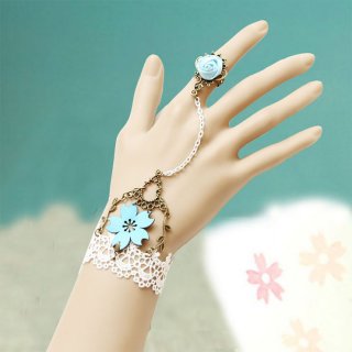 Vintage White Lace Wristband Flower Embellishment Bracelet with Ring J17886