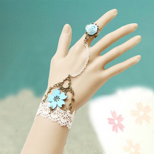 Vintage White Lace Wristband Flower Embellishment Bracelet with Ring J17886
