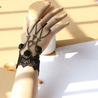 Victorian Gothic Black Floral Lace Wristband Black Roses Embellishment Bracelet J17869