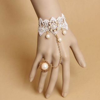 White Vintage Lace Pearl Wristband Metal Ring Bride Bracelet J17843