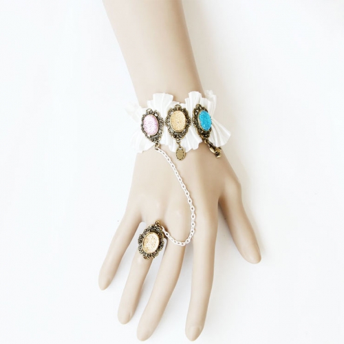 Vintage Lace Wristband Victorian Jewel Embellishment Bracelet with Ring J17858