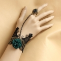 Victorian Gothic Black Lace Wristband Flower Embellishment Bracelet with Ring J17831