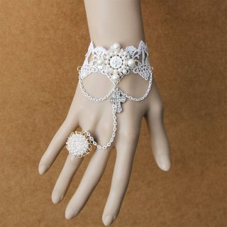Vintage Floral Lace Wristband Pearls Embellishment Bracelet with Ring J17830