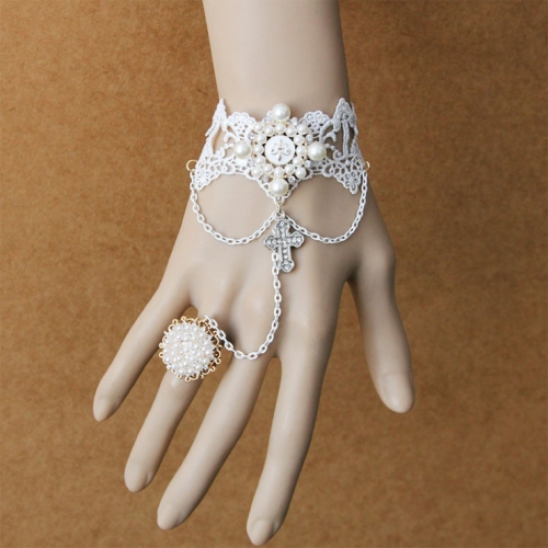 Vintage Floral Lace Wristband Pearls Embellishment Bracelet with Ring J17830