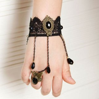 Fashion Black Gothic Lace Wristband Gem Bracelet Metal Ring J17814