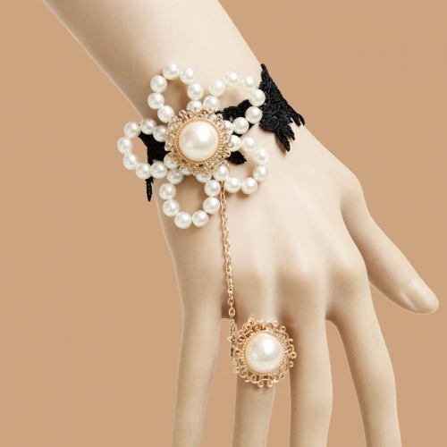 Black Vintage Lace Wristband Pearl Bracelet Metal Ring J17812