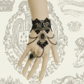 Victorian Gothic Black Lace Wristband Black Beads Embellishment Bracelet with Ring J17826