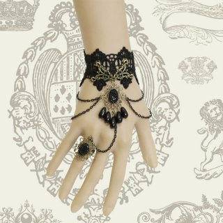 Victorian Gothic Black Lace Wristband Black Beads Embellishment Bracelet with Ring J17826