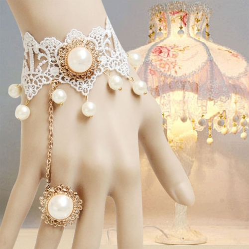 Vintage White Lace Wristband Victorian Pearl Embellishment Bracelet with Ring J17825