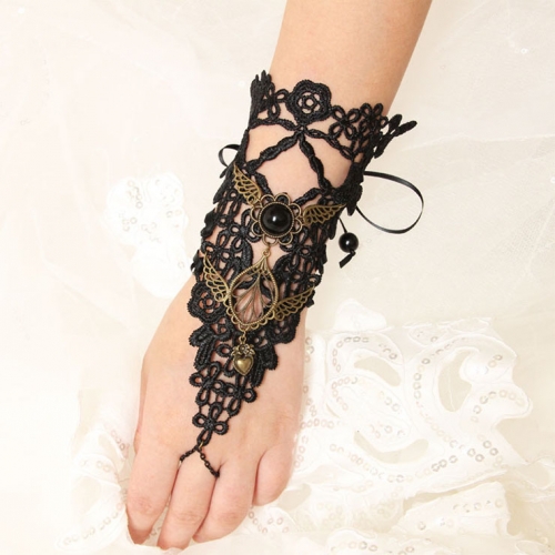 Gothic Black Floral Lace Long Wristband Victorian Flower Embellishment Bracelet J17790