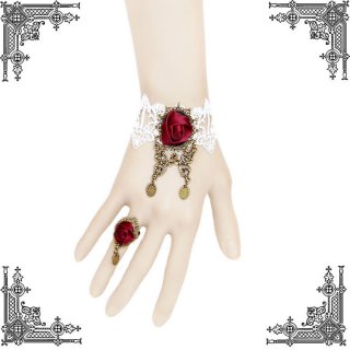 Retro White Lace Wristband Victorian Red Rose Embellishment Bracelet with Ring J17779