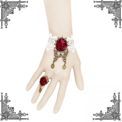 Retro White Lace Wristband Victorian Red Rose Embellishment Bracelet with Ring J17779