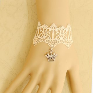 Gothic Style White Lace Wristband Imperial Crown Embellishment Bracelet J17777