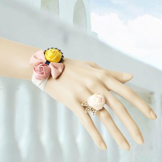 Vintage Style White Wristband Elegant Bow Bracelet with Ring J17767