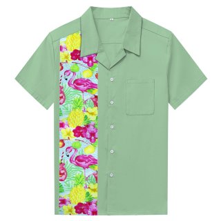 Green Flamingo Print Male Fifties Bowling Shirt N17724