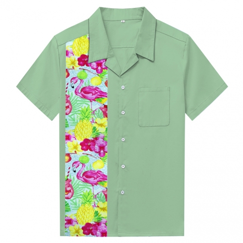 Green Flamingo Print Male Fifties Bowling Shirt N17724