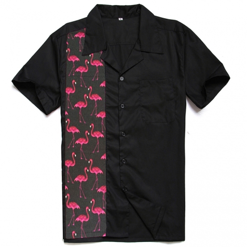 Black Flamingo Print Male Fifties Bowling Shirt N17722
