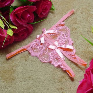 Sexy Pink Bow Crotchless Floral Lace T-back G-string PT17502