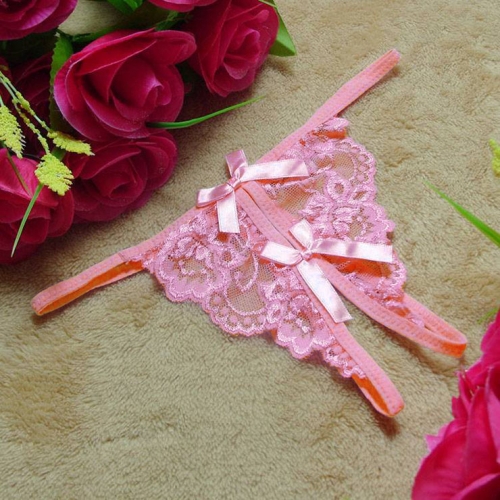 Sexy Pink Bow Crotchless Floral Lace T-back G-string PT17502